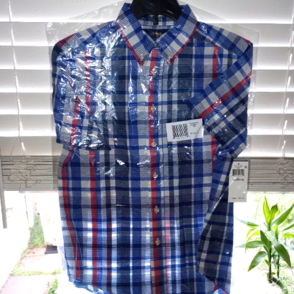 Red and blue button up